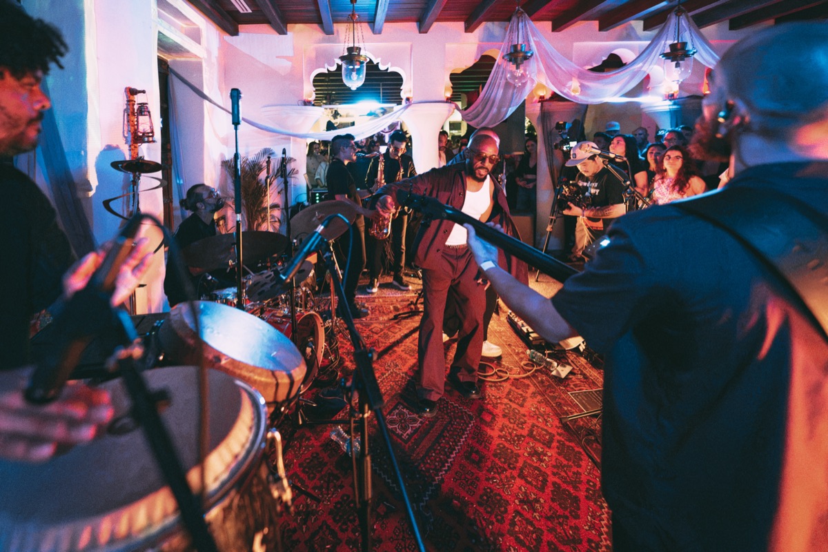 The band seen from behind the congas, the room watching